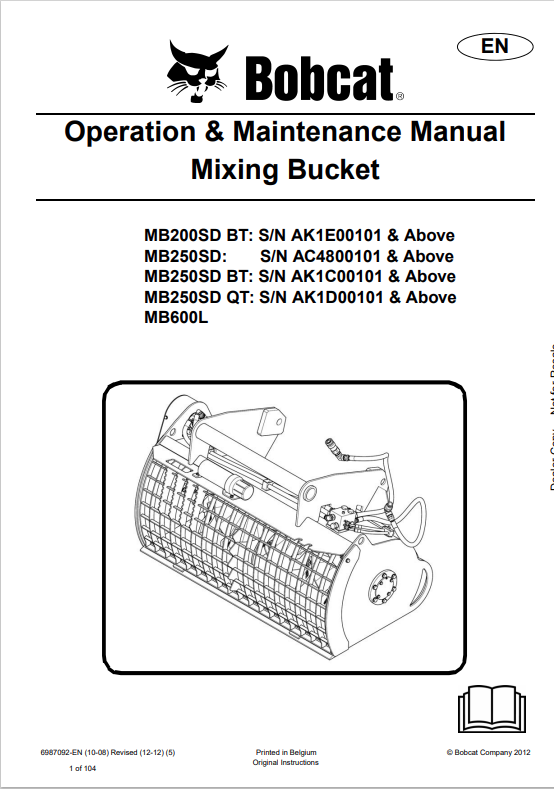 BOBCAT MB200SD BT, MB250SD, MB250SD BT, MB250SD QT, MB600L MIXING BUCKET OPERATION AND MAINTENANCE MANUAL 6987092 PDF