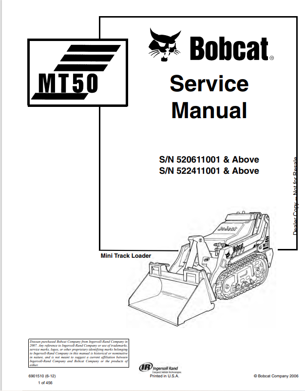 BOBCAT MT50 MINI TRACK LOADER OPERATION AND MAINTENANCE MANUAL 6901510 PDF
