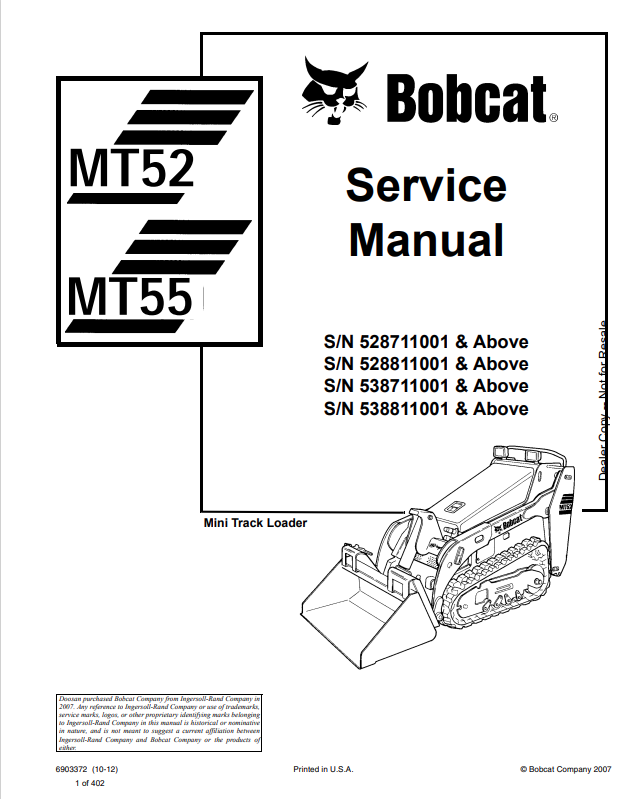 BOBCAT MT52, MT55 MINI TRACK LOADER SERVICE MANUAL 6903372 PDF