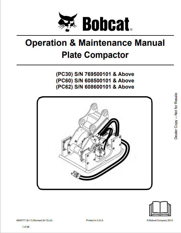 BOBCAT PC30, PC60, PC62 PLATE COMPACTOR OPERATION AND MAINTENANCE MANUAL 6900777 PDF
