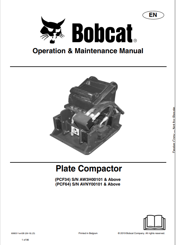 BOBCAT PCF34, PCF64 PLATE COMPACTOR OPERATION AND MAINTENANCE MANUAL 6990311 PDF
