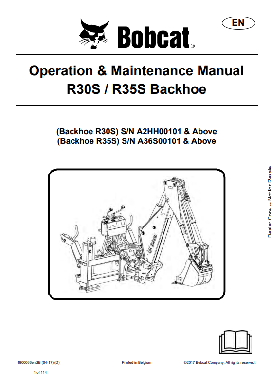 BOBCAT R30S, R35S BACKHOE OPERATION AND MAINTENANCE MANUAL 4900066 PDF