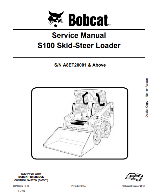 BOBCAT S100 SKID STEER LOADER SERVICE MANUAL 6987403 PDF