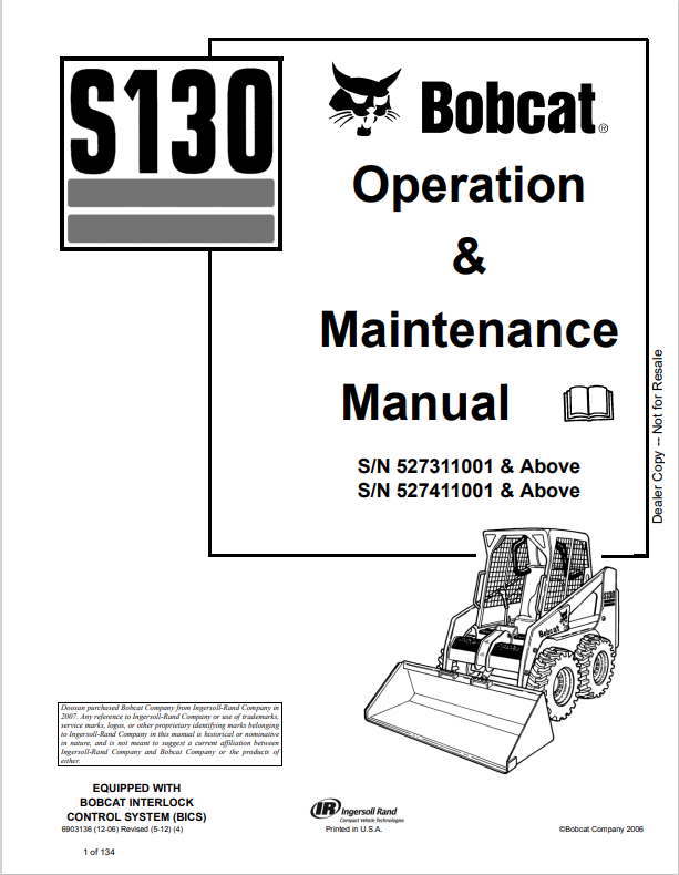 BOBCAT S130 OPERATION AND MAINTENANCE MANUAL 6904119 PDF