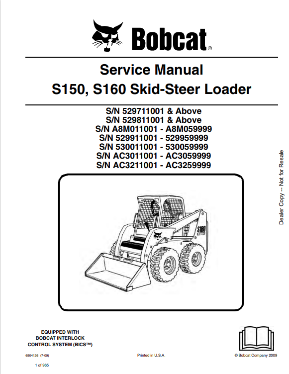 BOBCAT S150, S160 SKID STEER LOADER SERVICE MANUAL 6904126 PDF