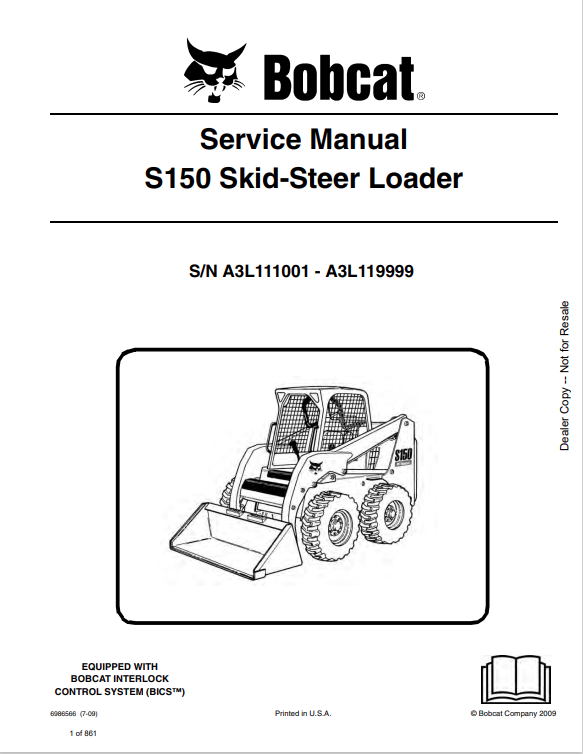 BOBCAT S150 SKID STEER LOADER SERVICE MANUAL 6986566 PDF