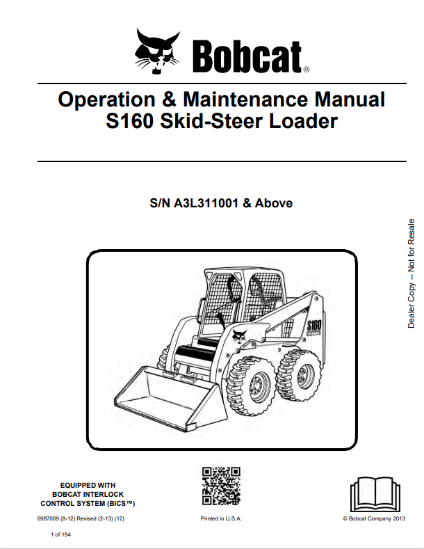 BOBCAT S160 SKID STEER LOADER OPERATION AND MAINTENANCE MANUAL 6987009 PDF