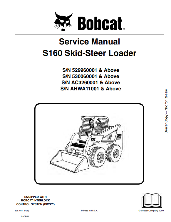 BOBCAT S160 SKID STEER LOADER SERVICE MANUAL 6987034 PDF