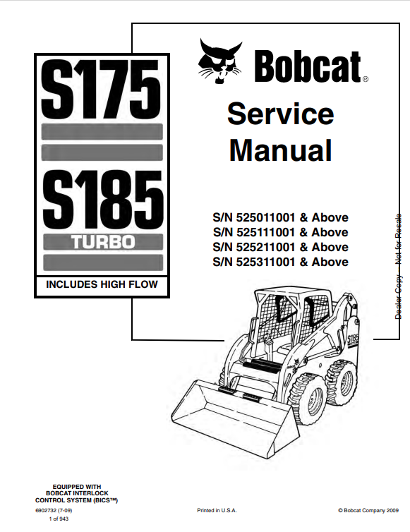 BOBCAT S175, S185 TURBO HIGH FLOW SERVICE MANUAL 6902732 PDF