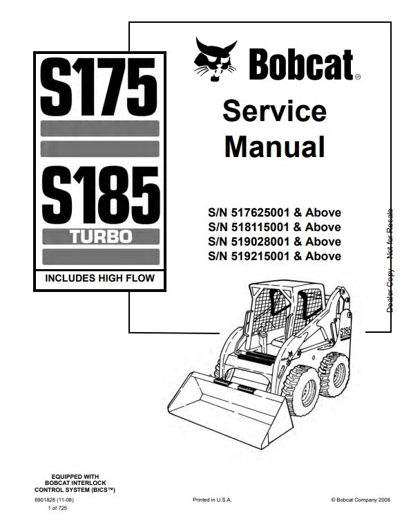 BOBCAT S175, S185 TURBO HIGH FLOW SERVICE MANUAL 6989670 PDF
