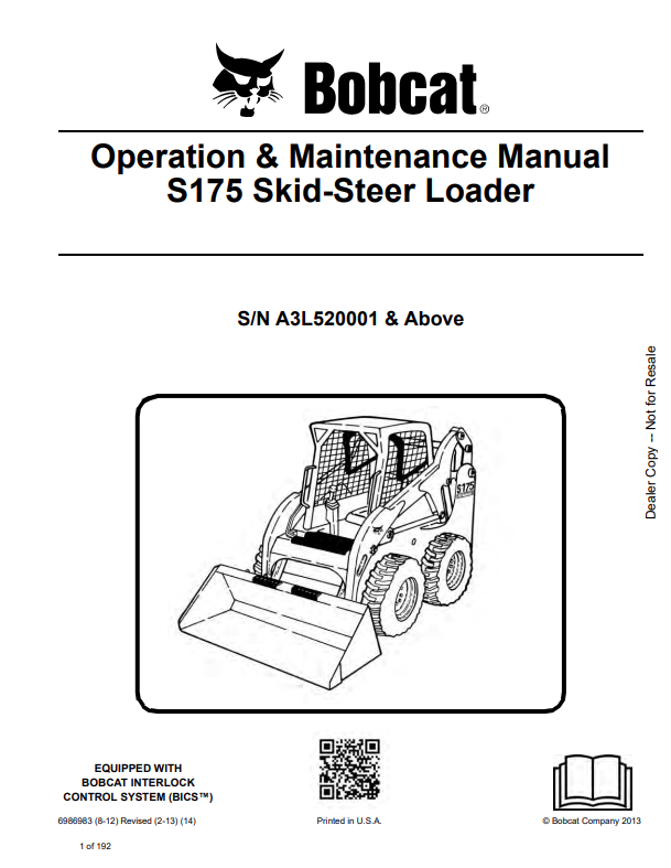 BOBCAT S175 SKID STEER LOADER OPERATION AND MAINTENANCE MANUAL 6986983 PDF