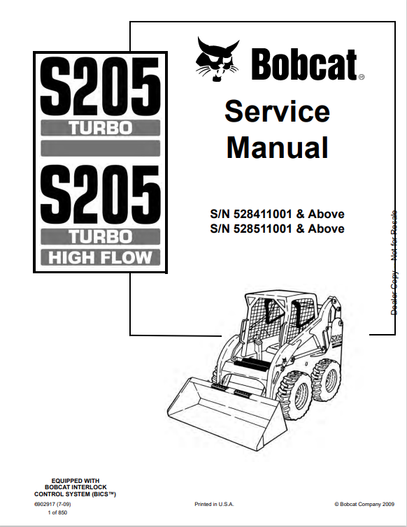 BOBCAT S205 TURBO, S205 TURBO HIGH FLOW SERVICE MANUAL 6902917 PDF