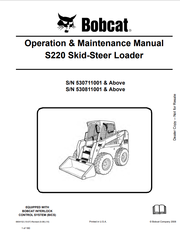 BOBCAT S220 SKID STEER LOADER OPERATION AND MAINTENANCE MANUAL 6904152 PDF