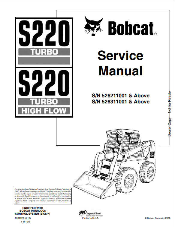 BOBCAT S220 TURBO, S220 TURBO HIGH FLOW SERVICE MANUAL 6902722 PDF