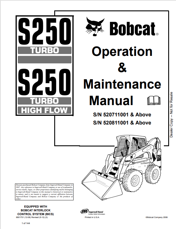 BOBCAT S250 TURBO, S250 TURBO HIGH FLOW OPERATION AND MAINTENANCE MANUAL 6901751 PDF
