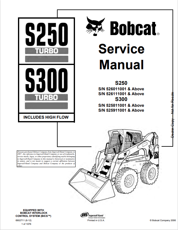 BOBCAT S250 TURBO, S300 TURBO HIGH FLOW SERVICE MANUAL 6902711 PDF