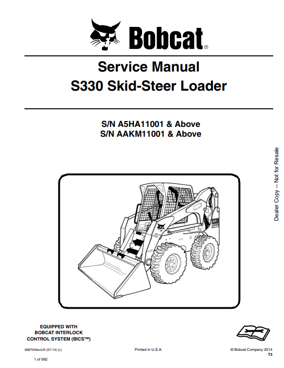 BOBCAT S330 SKID STEER LOADER SERVICE MANUAL 6987040 PDF