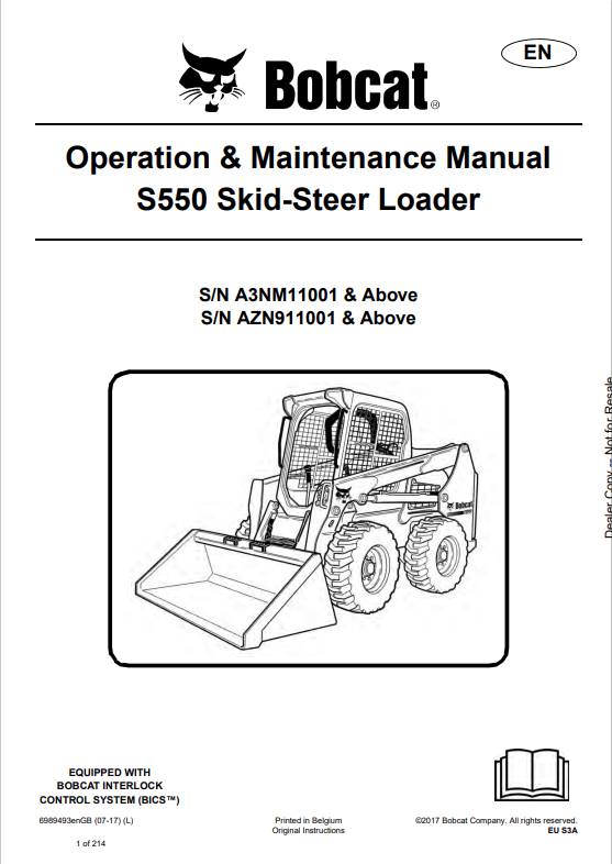 BOBCAT S550 SKID STEER LOADER OPERATION AND MAINTENANCE MANUAL 6989493 PDF