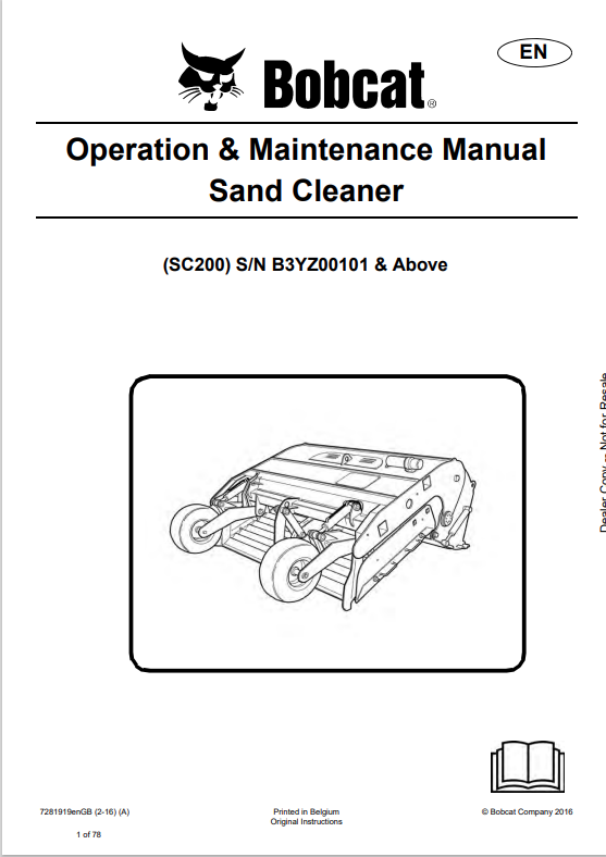 BOBCAT SC200 SAND CLEANER OPERATION AND MAINTENANCE MANUAL 7281919 PDF
