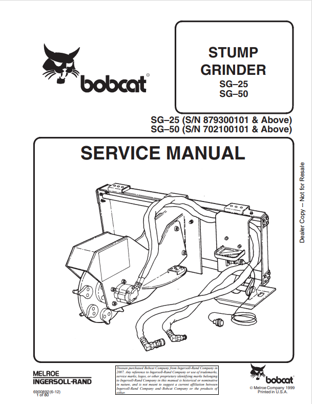 BOBCAT SG–25, SG–50 STUMP GRINDER SERVICE MANUAL 6901091 PDF