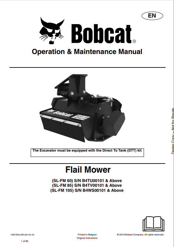 BOBCAT SL-FM60, SL-FM85, SL-FM105 FLAIL MOWER OPERATION AND MAINTENANCE MANUAL 7362782 PDF