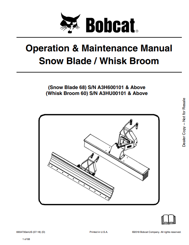 BOBCAT SNOW BLADE 68, WHISK BROOM 60 OPERATION AND MAINTENANCE MANUAL 6904730 PDF