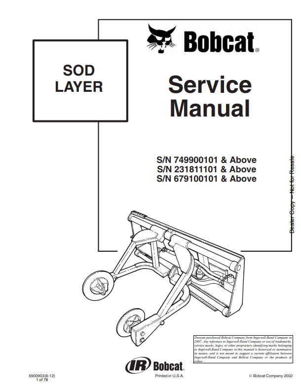 BOBCAT SOD LAYER SERVICE MANUAL 6900903 PDF