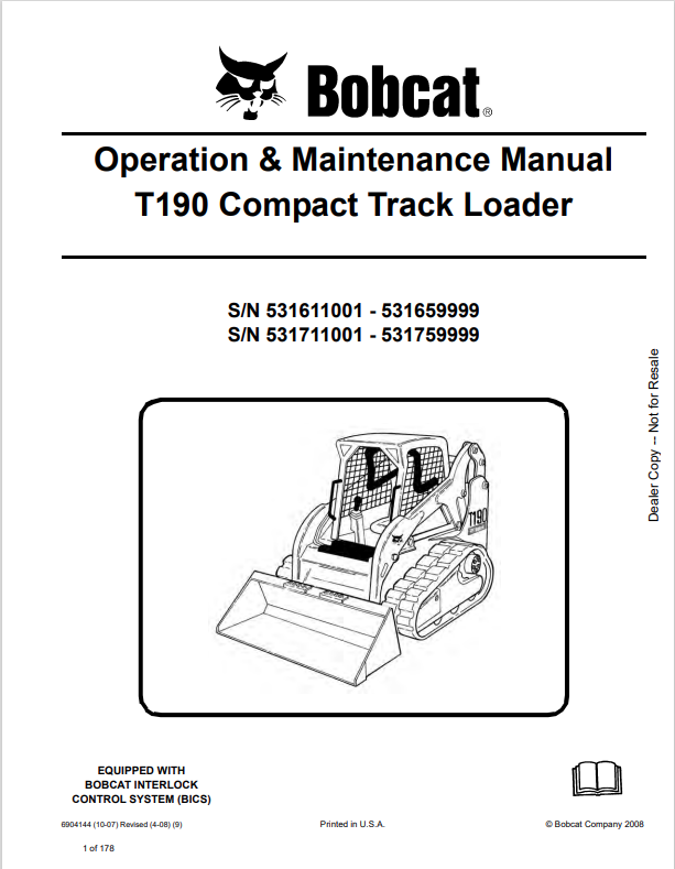 BOBCAT T190 COMPACT TRACK LOADER OPERATION AND MAINTENANCE MANUAL 6904144 PDF