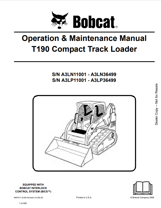 BOBCAT T190 COMPACT TRACK LOADER OPERATION AND MAINTENANCE MANUAL 6987017 PDF