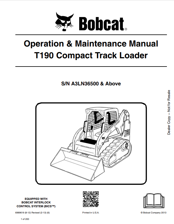 BOBCAT T190 COMPACT TRACK LOADER OPERATION AND MAINTENANCE MANUAL 6989619 PDF
