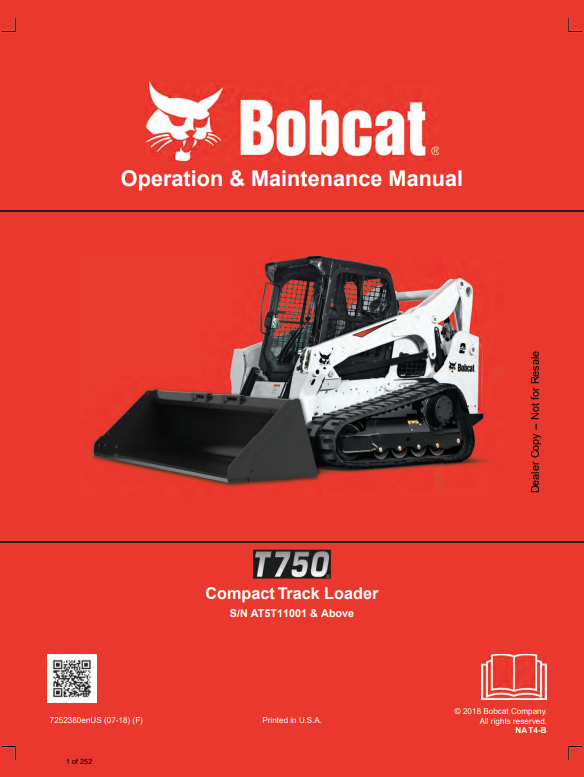 BOBCAT T750 COMPACT TRACK LOADER OPERATION AND MAINTENANCE MANUAL 7252380 PDF
