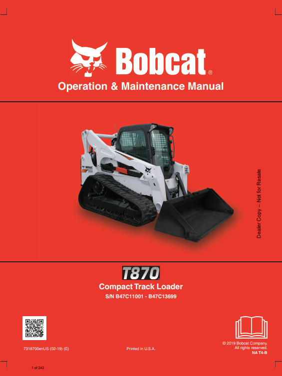 BOBCAT T870 COMPACT TRACK LOADER OPERATION AND MAINTENANCE MANUAL 7318700 PDF