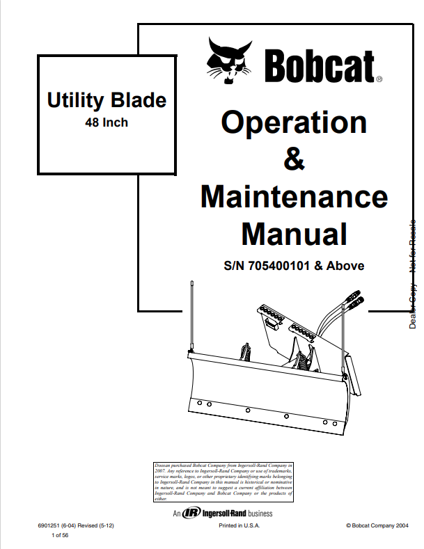 BOBCAT UTILITY BLADE 48 INCH OPERATION AND MAINTENANCE MANUAL 6901251 PDF
