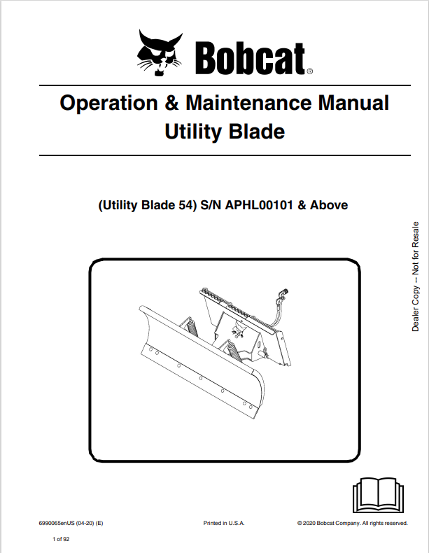 BOBCAT UTILITY BLADE 54 OPERATION AND MAINTENANCE MANUAL 6990065 PDF