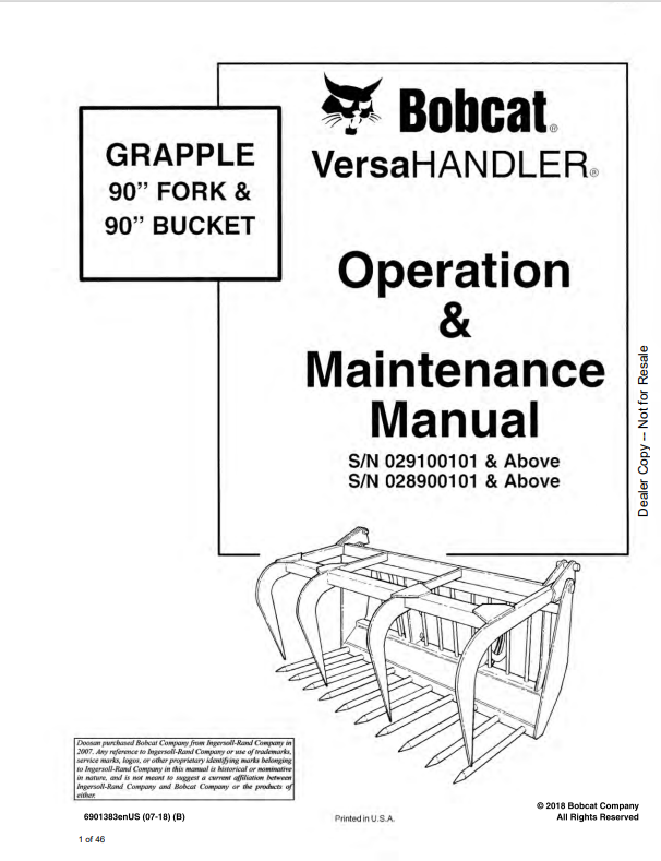BOBCAT VERSAHANDLER ATTACHMENT 90 FORK AND BUCKET GRAPPLE OPERATION AND MAINTENANCE MANUAL 6901383 PDF