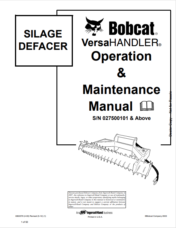 BOBCAT VERSAHANDLER SILAGE DEFACER OPERATION AND MAINTENANCE MANUAL 6902379 PDF
