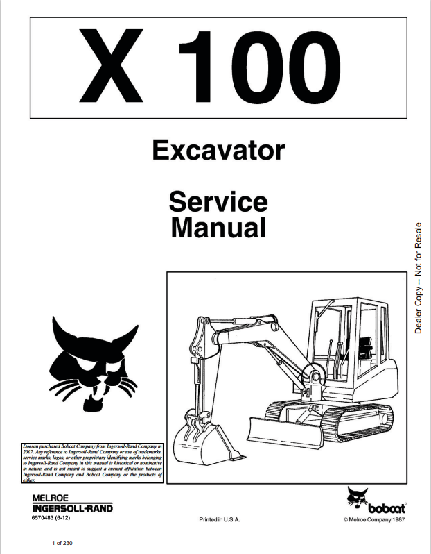 BOBCAT X100 EXCAVATOR SERVICE MANUAL 6570483 PDF