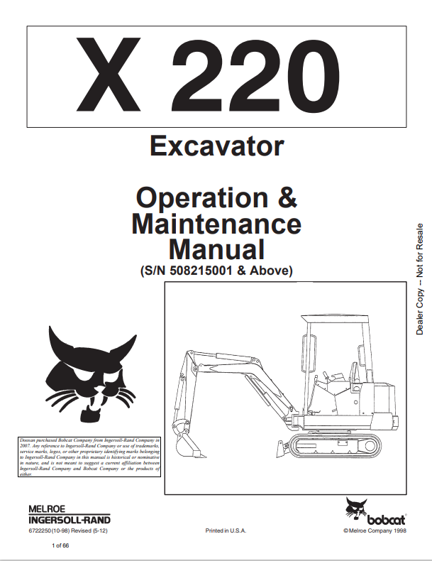 BOBCAT X220 EXCAVATOR OPERATION AND MAINTENANCE MANUAL 6722250 PDF