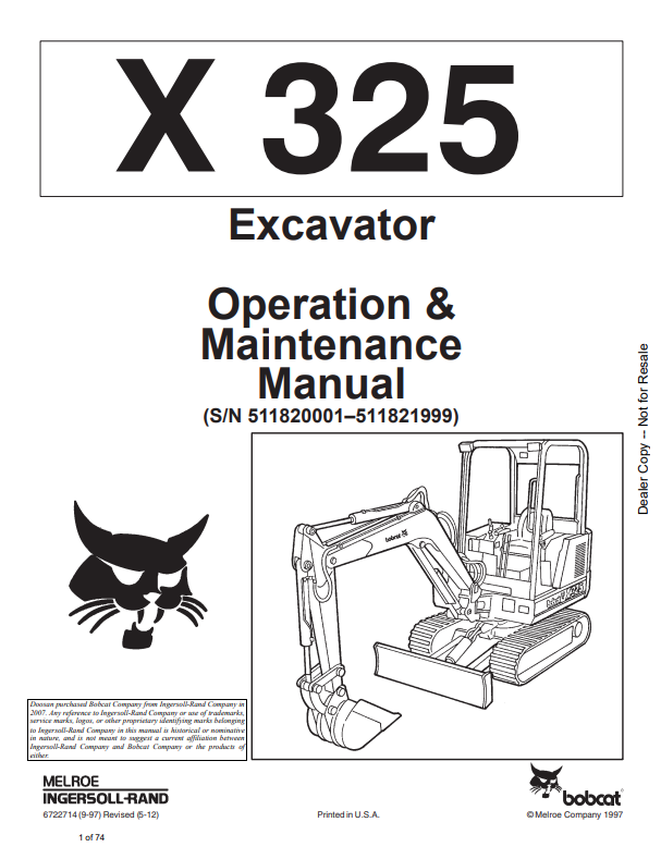 BOBCAT X325 EXCAVATOR OPERATION AND MAINTENANCE MANUAL 6722714 PDF