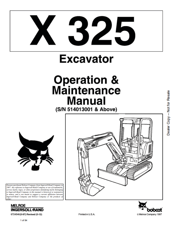 BOBCAT X325 EXCAVATOR OPERATION AND MAINTENANCE MANUAL 6724480 PDF
