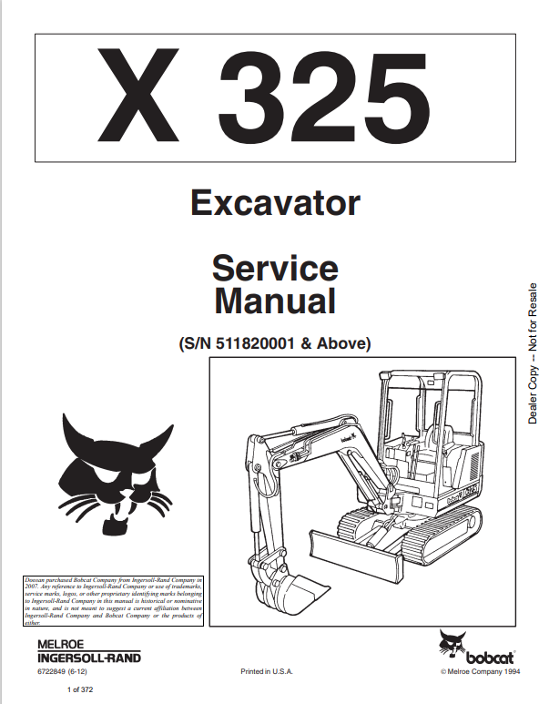 BOBCAT X325 EXCAVATOR SERVICE MANUAL 6722849 PDF