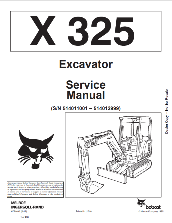 BOBCAT X325 EXCAVATOR SERVICE MANUAL 6724480 PDF