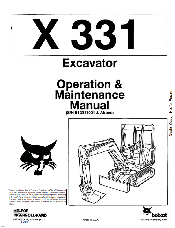 BOBCAT X331 EXCAVATOR OPERATION AND MAINTENANCE MANUAL 6722999 PDF