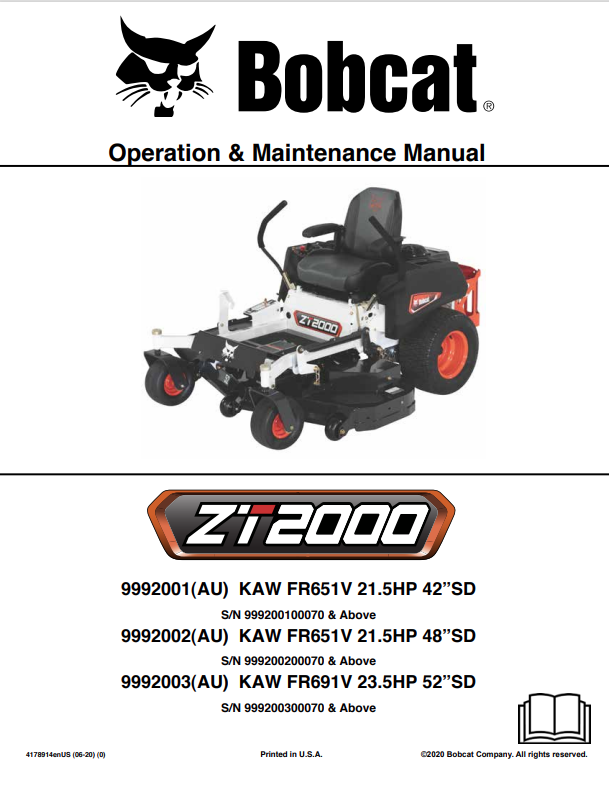 BOBCAT ZT2000 OPERATION AND MAINTENANCE MANUAL 4178914 PDF