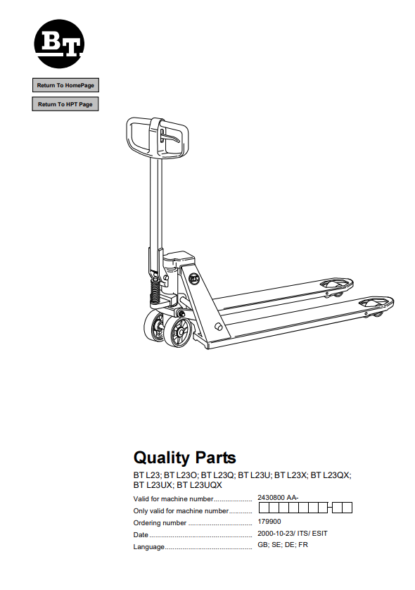 BT FORKLIFT BT L23, BT L23O, BT L23Q, BT L23U, BT L23X, BT L23QX, BT L23UX, BT L23UQX QUALITY PARTS MANUAL PDF