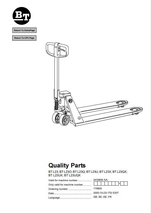 BT FORKLIFT BT L23, BT L23O, BT L23Q, BT L23U, BT L23X, BT L23QX, BT L23UX, BT L23UQX QUALITY PARTS MANUAL PDF
