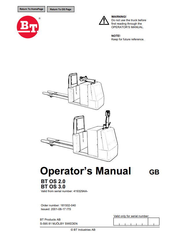 BT FORKLIFT BT OS 2.0, BT OS 3.0 OPERATOR MANUAL PDF