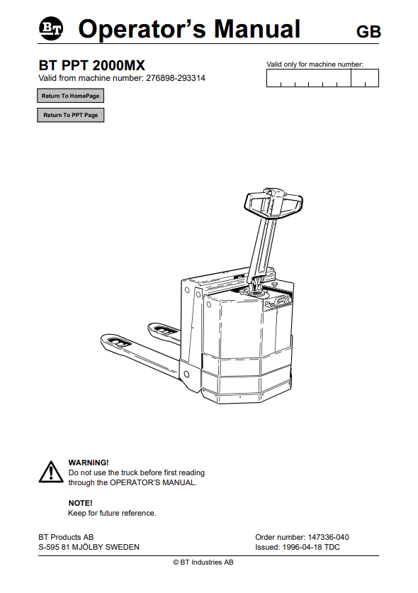 BT FORKLIFT BT PPT 2000MX OPERATOR MANUAL PDF