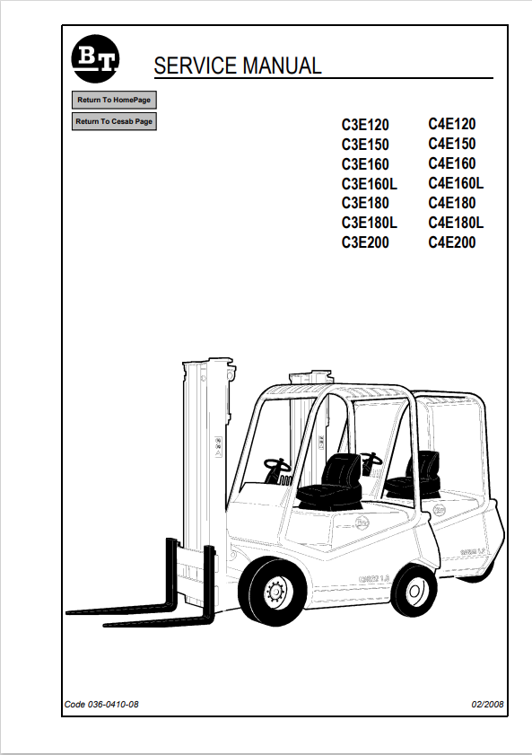 BT FORKLIFT C3E120, C3E150, C3E160, C3E160L, C3E180, C3E180L, C3E200, C4E120, C4E150, C4E160, C4E160L, C4E180, C4E180L, C4E200 SERVICE MANUAL PDF