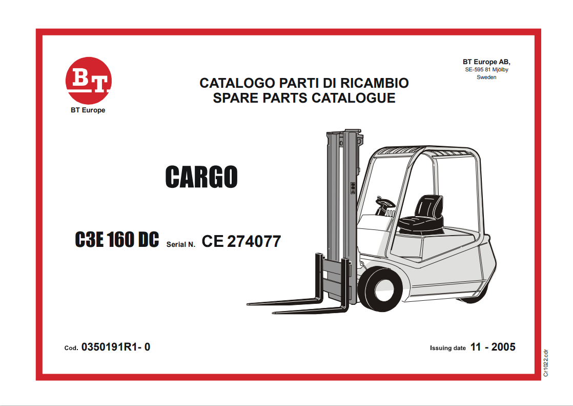 BT FORKLIFT CARGO C3E 160 DC SPARE PARTS CATALOGUE MANUAL PDF